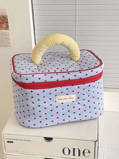 Cosbai travel cosmetic organizer with cute heart pattern, pink and white design, compact size
