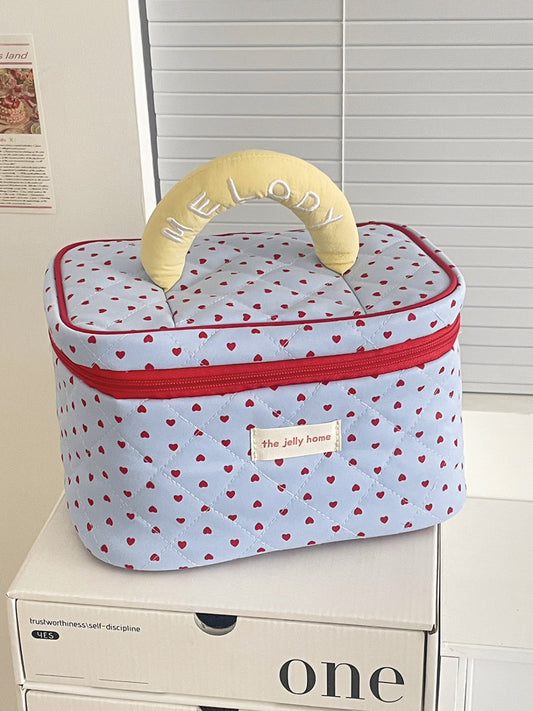 Cosbai travel cosmetic organizer with cute heart pattern, pink and white design, compact size