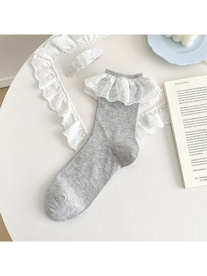 Rufia - Lace Scalloped Cuff Openwork Crew Socks
