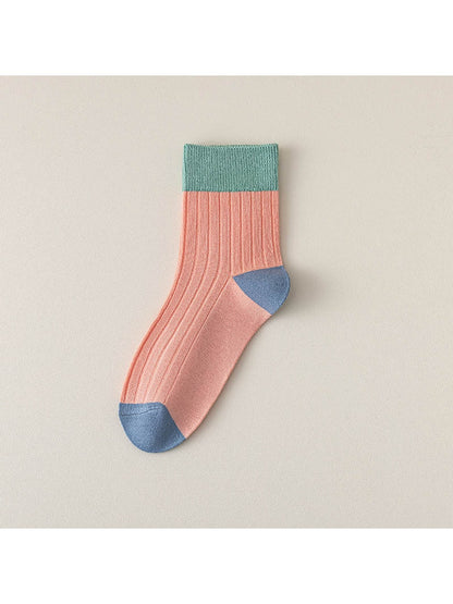 Rufia - Simple Colorblock Ribbed Casual Crew Socks