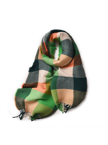 Scarvii - Ribbed Colorblock Plaid Fringed Scarf