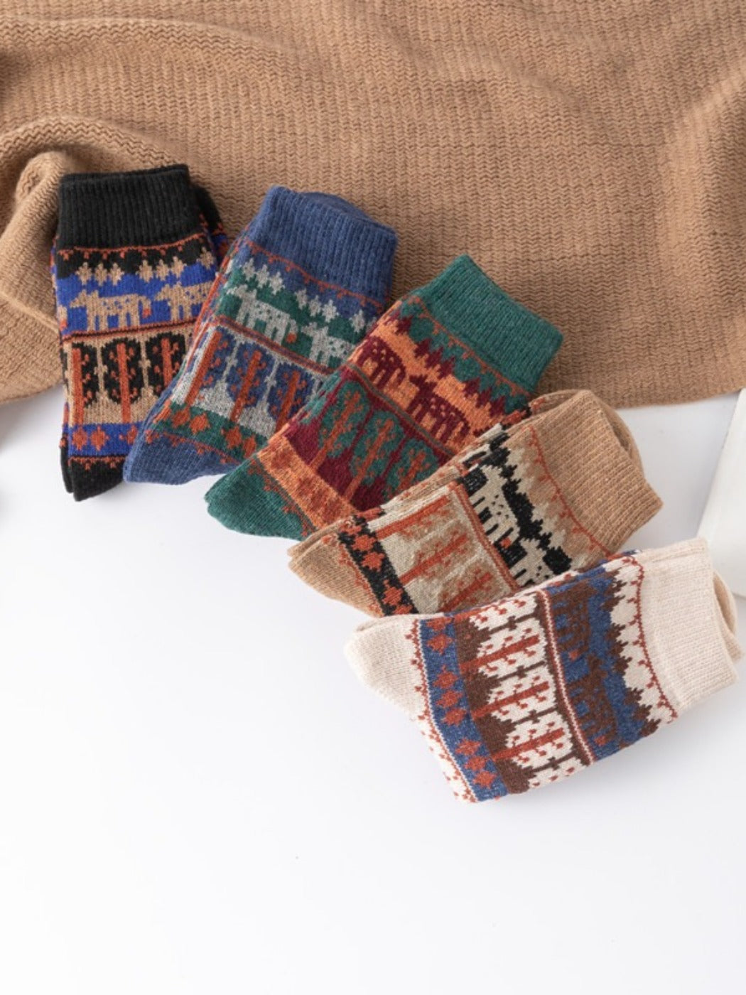Rufia - Vintage Animal Print Mid-Calf Winter Socks - 5 Pairs/Pack