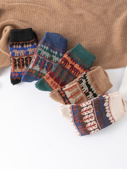 Rufia - Vintage Animal Print Mid-Calf Winter Socks - 5 Pairs/Pack