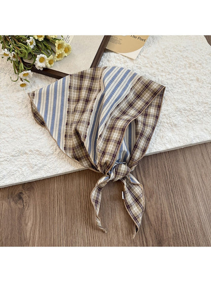 Scarvii Striped Plaid Triangle Head Vintage Classic Scarf with plaid pattern and stripe detail
