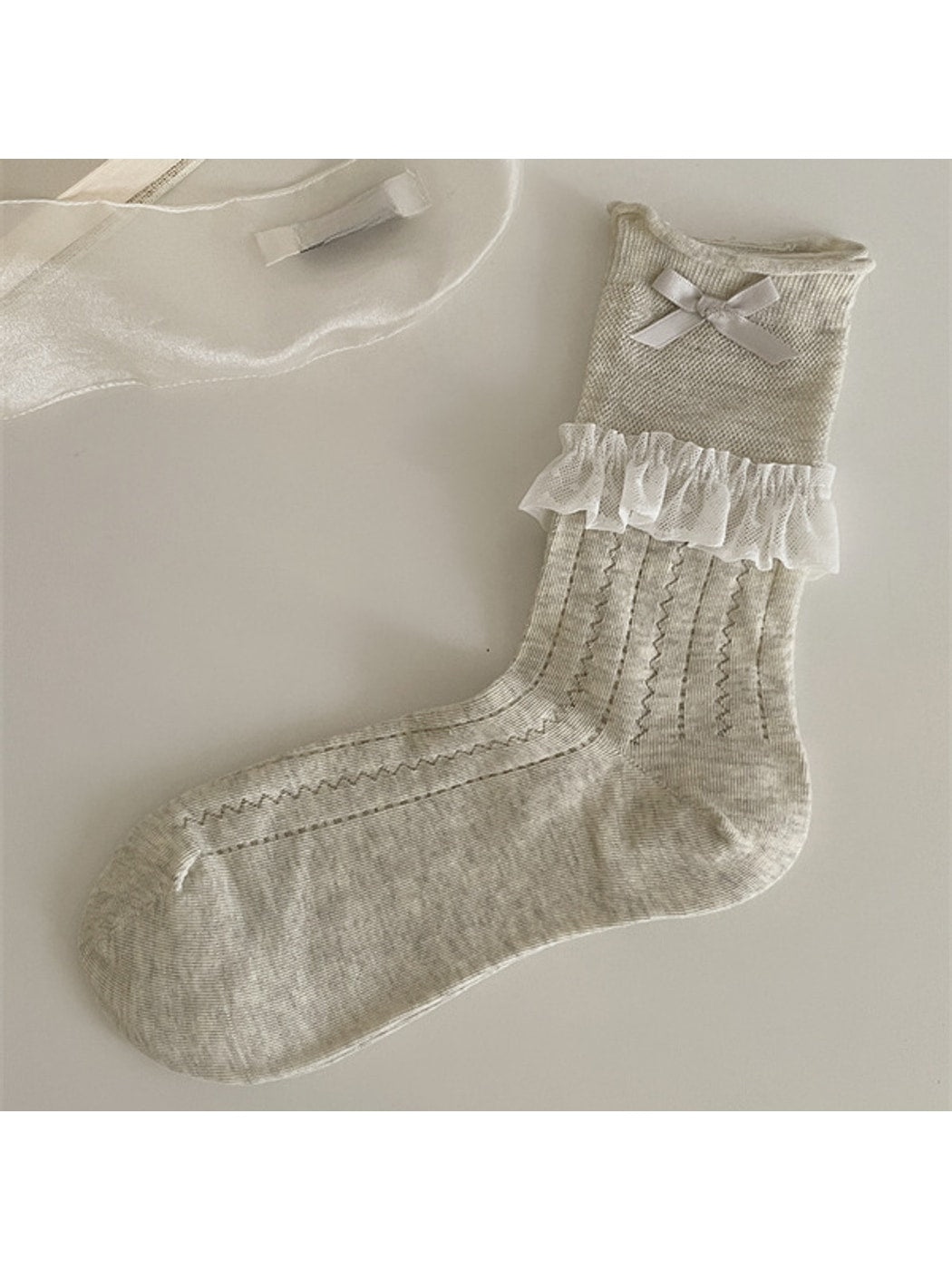 Rufia - Ballet Style Lace Ribbon Bow Detail Crew Socks