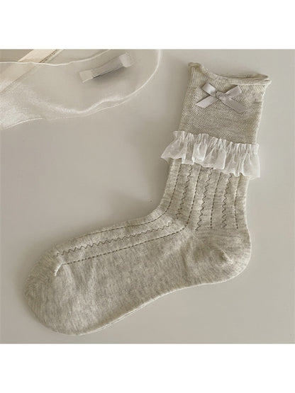 Rufia - Ballet Style Lace Ribbon Bow Detail Crew Socks