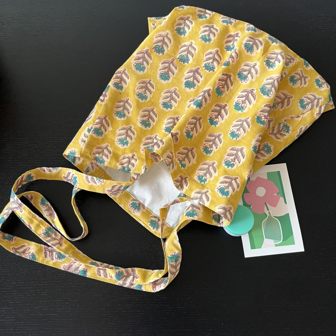 Yellow floral everyday tote bag detail view