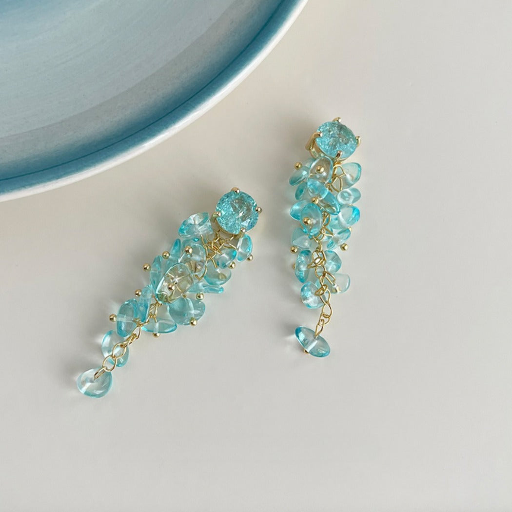 Earwish - Elegant Ocean Blue Long Beaded Fringe Earrings