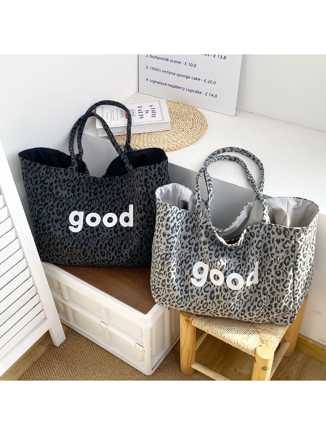 Cosbai leopard graphic tote bag front view with black handles