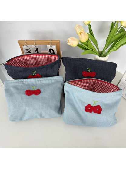 Cosbai – Denim Cherry Embroidered Mini Makeup Bag
