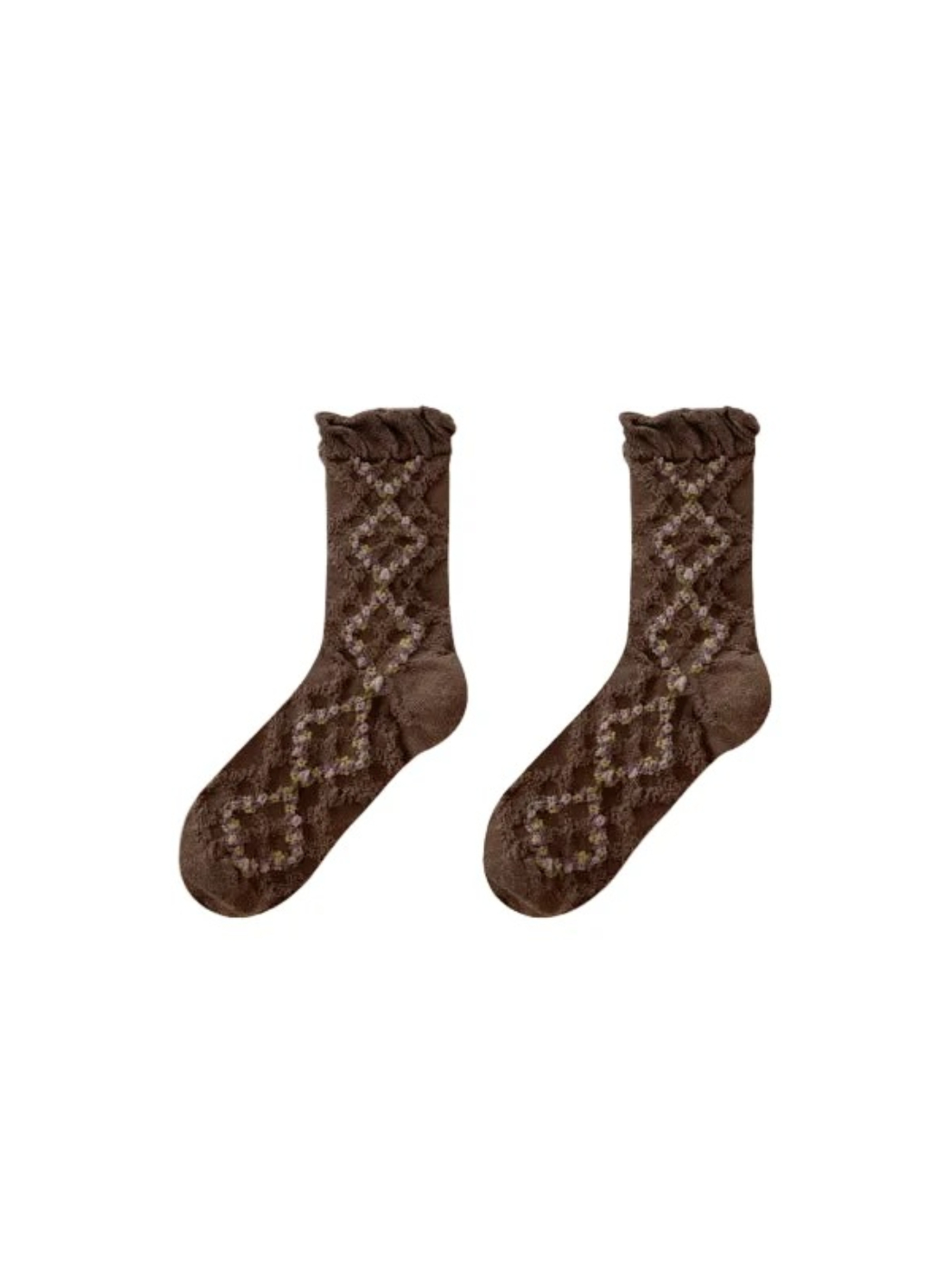 Rufia - Floral Argyle Ruffled-Cuff Crew Socks