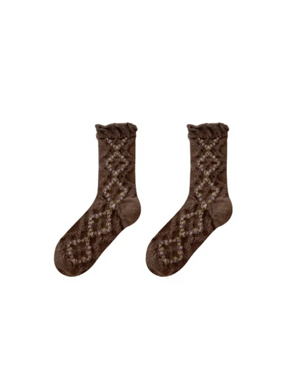 Rufia - Floral Argyle Ruffled-Cuff Crew Socks