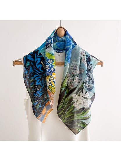 Model wearing Scarvii Botanical Illustration Square Scarf styled around the neck
