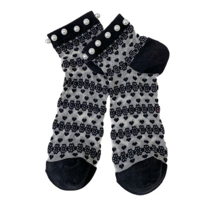 Rufia - Delicate Lace Ankle Socks with White Beads