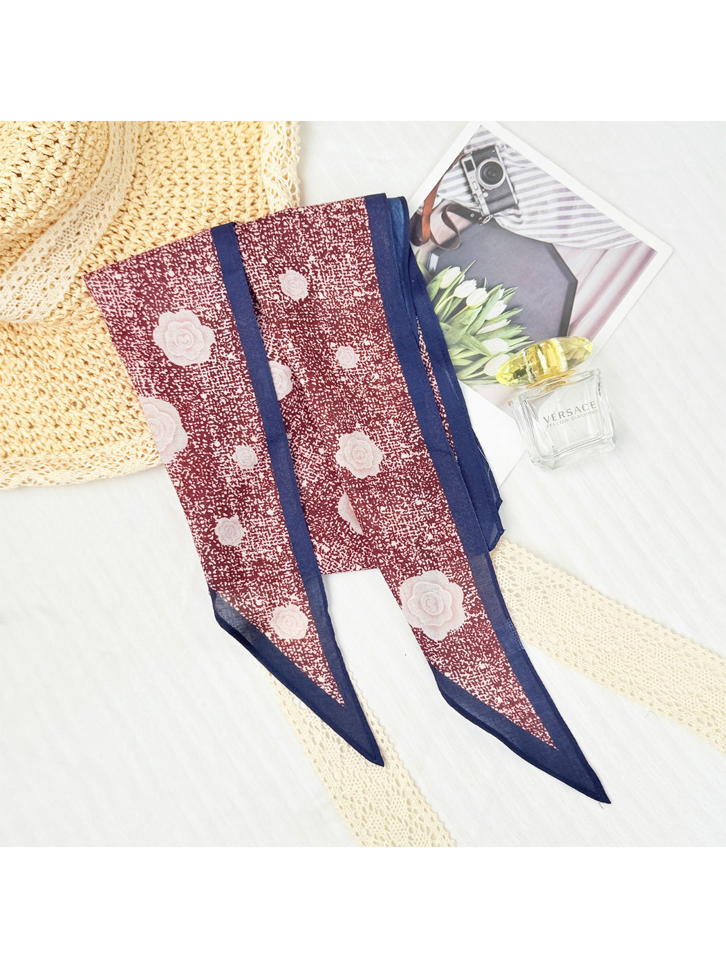 Mini rose triangle scarf displayed flat showing full floral pattern
