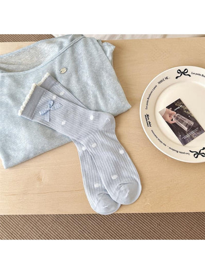 Rufia - Elegant Bow Ruffle Ribbed Crew Socks