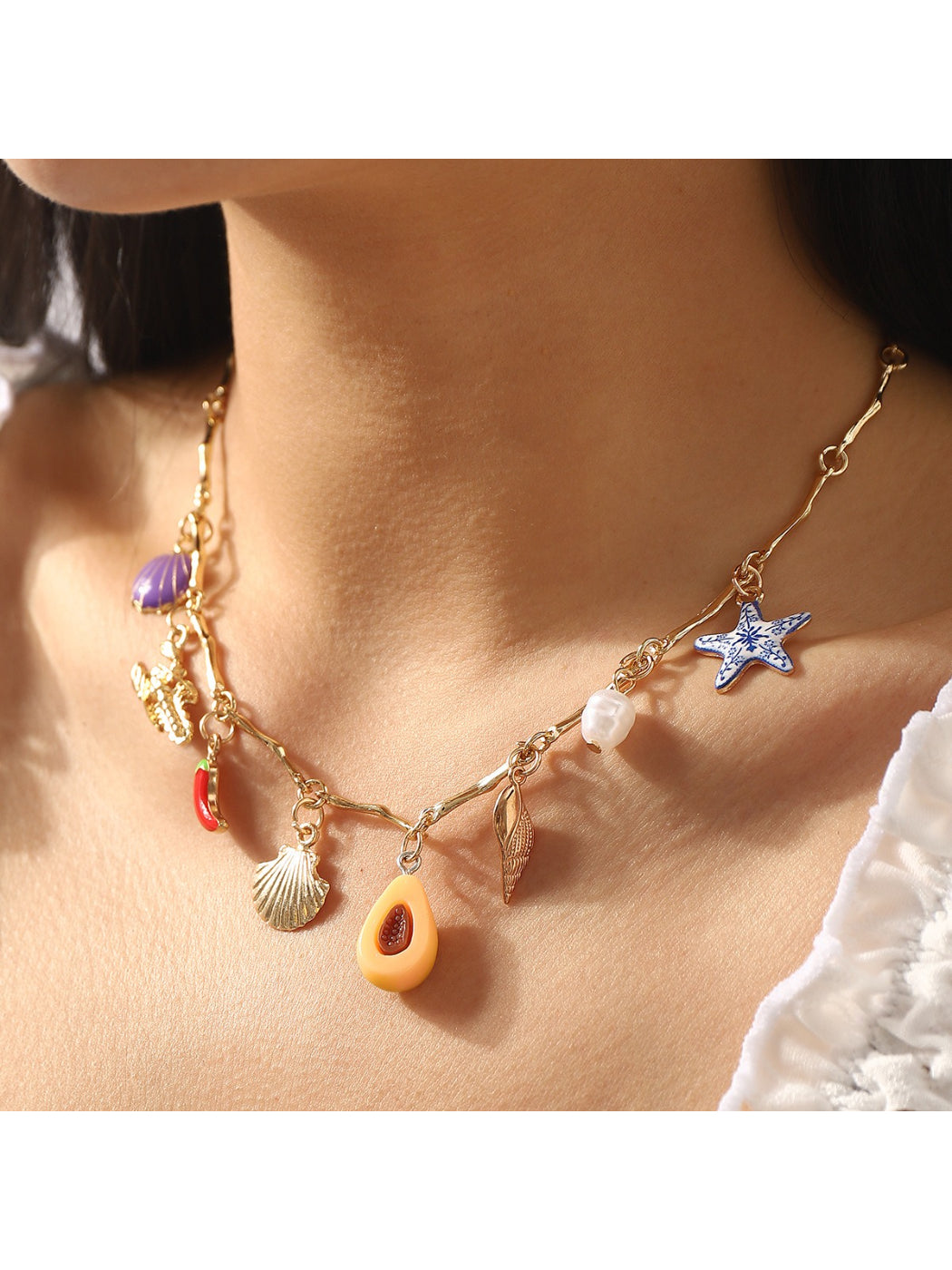 Color Charm beaded necklace worn on a model's neck with colorful beads visible