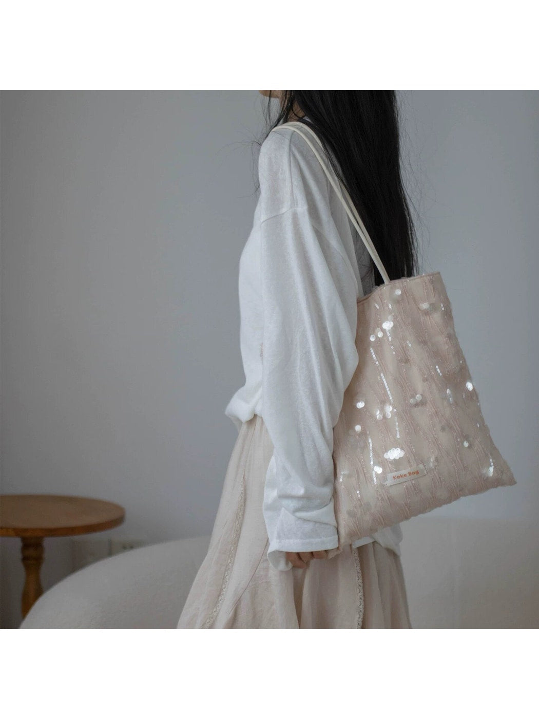 Cosbai - Pink Sequined Wavy Texture Tote Bag