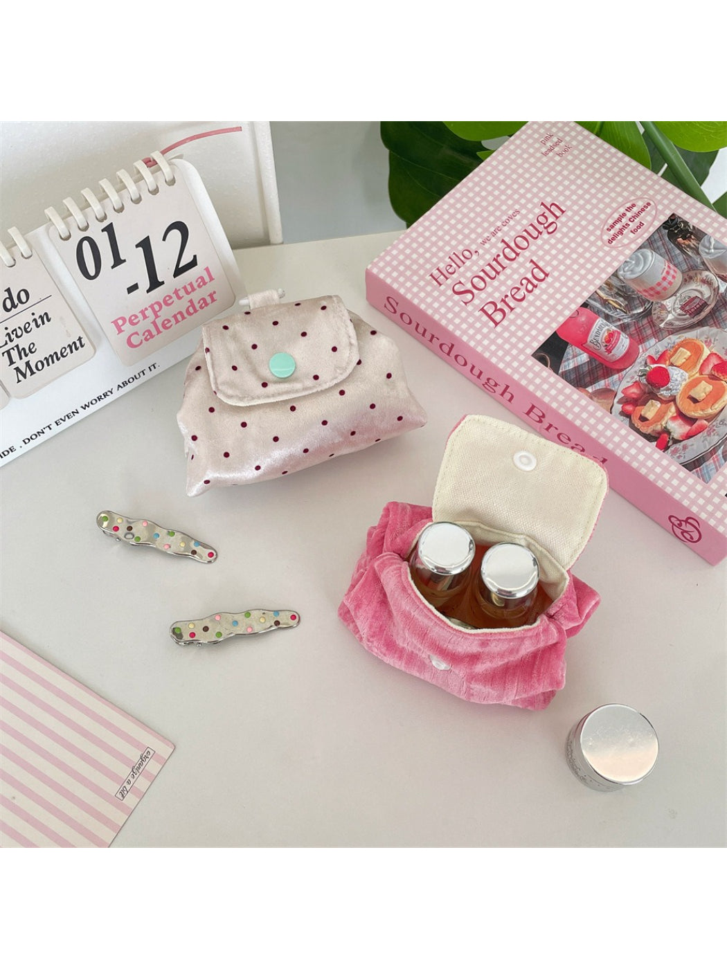 Cosbai Soft Dot Button Coin Purse open showing interior space and lining