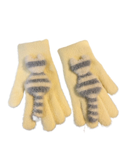 Gloving - Cozy Cat Striped Knit Gloves for Women