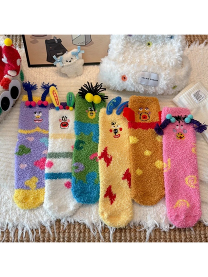 Rufia - Cartoon Face Abstract Fuzzy Crew Socks