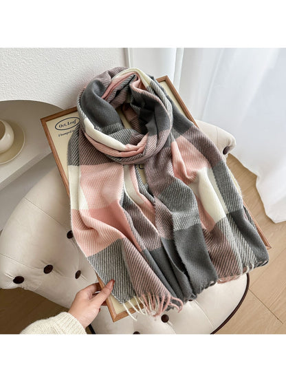 Scarvii - Colorblock Plaid Fringed Winter Scarf