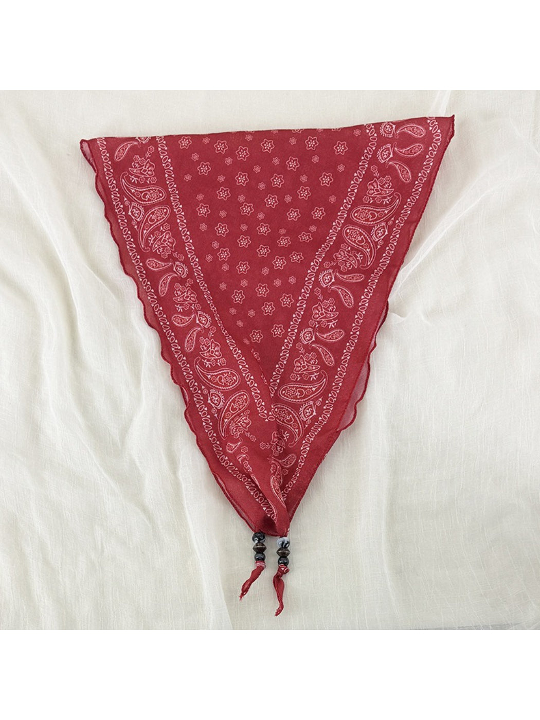 Scarvii vintage bandana headscarf displayed with bead trim detail in natural light