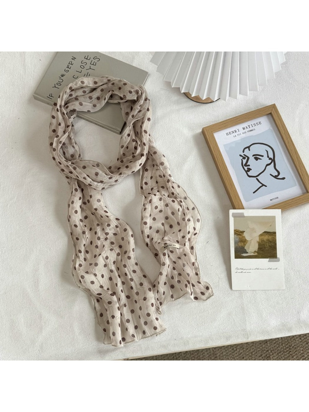 Scarvii - Polka Dot Pleated Long Narrow Scarf