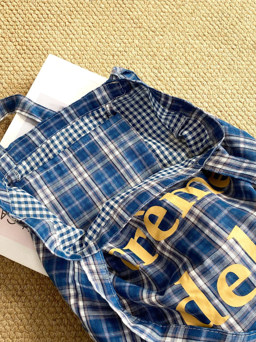 Cosbai plaid tote bag styled with casual clothing outdoors