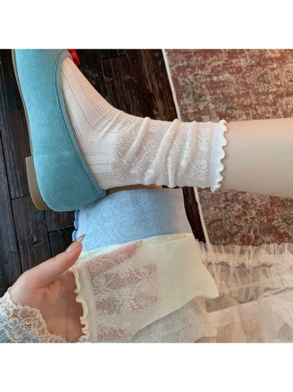 Rufia - Floral Sheer Ruffle-Cuff Crew Socks
