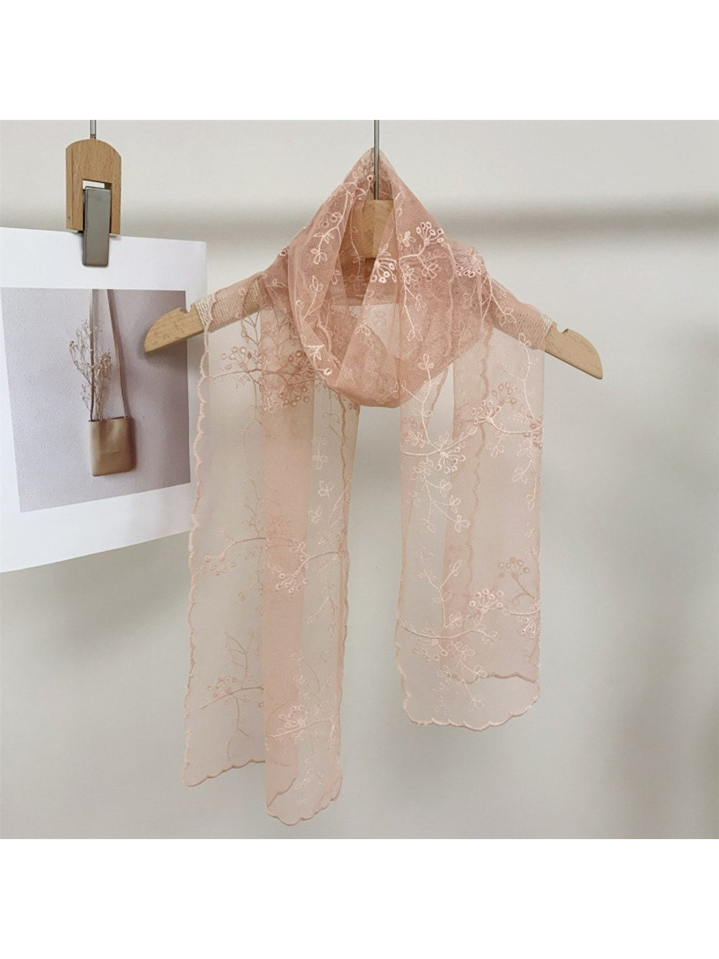 Scarvii - Floral Embroidered Solid Lace Long Scarf