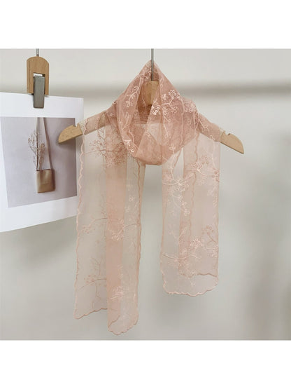 Scarvii - Floral Embroidered Solid Lace Long Scarf