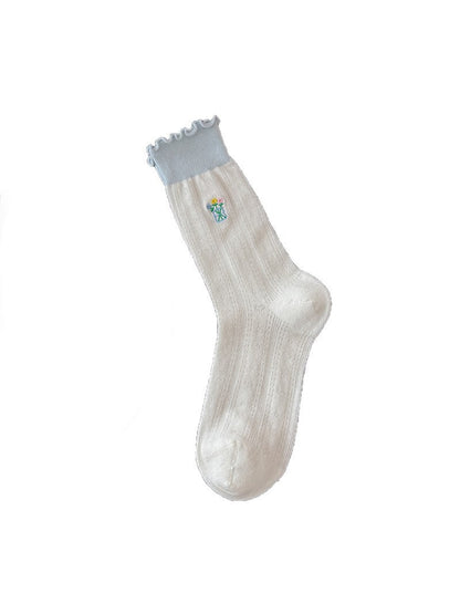 Rufia - Floral Embroidered Ruffle Crew Socks