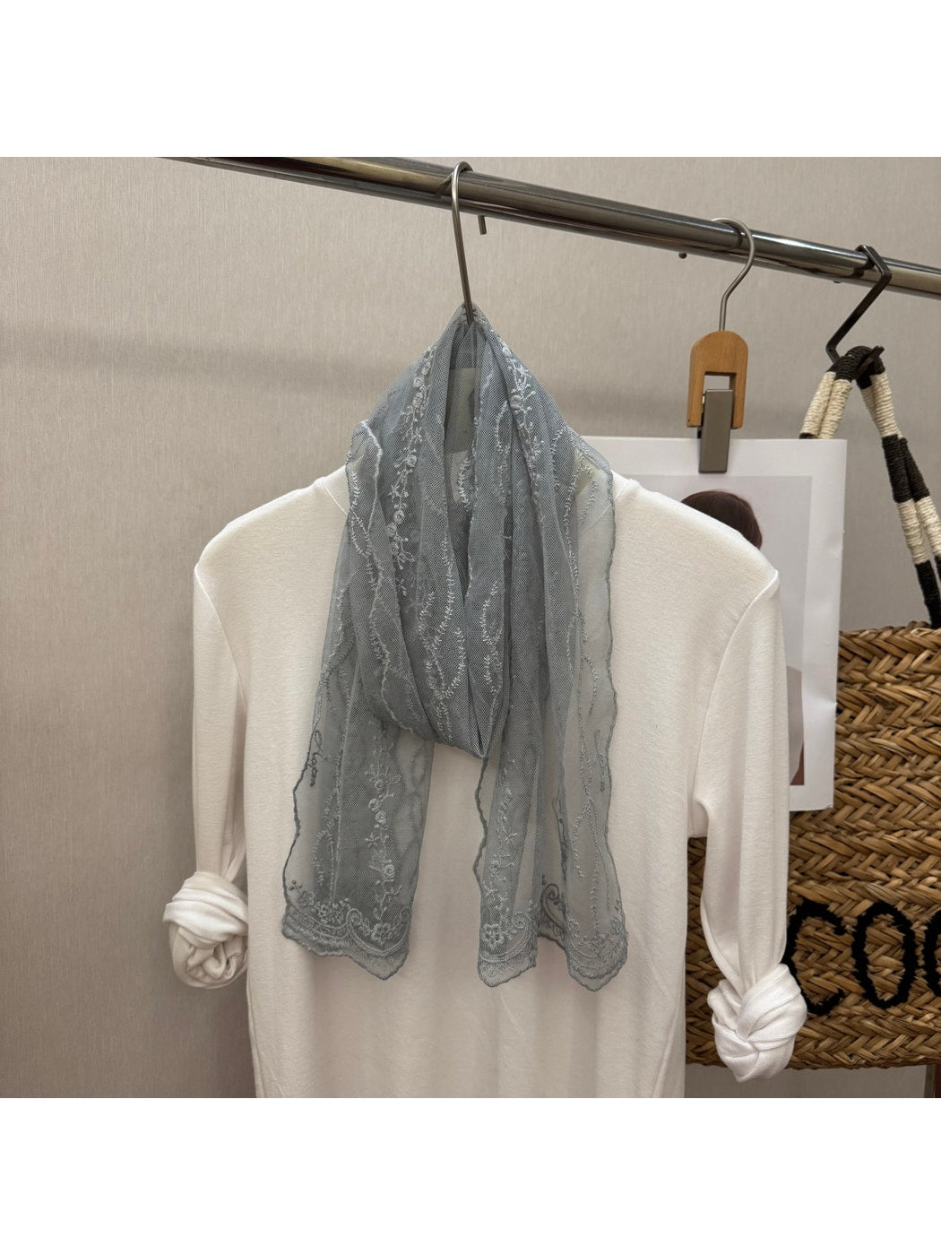 Scarvii - Floral Embroidered Lace Detail Long Scarf