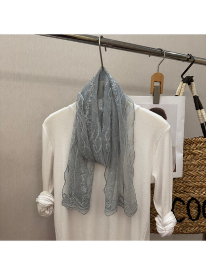 Scarvii - Floral Embroidered Lace Detail Long Scarf