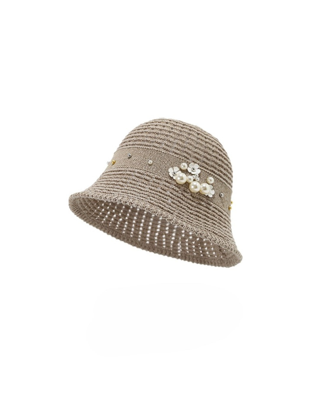 Haila bucket hat with visible beaded flower embellishment from an angle