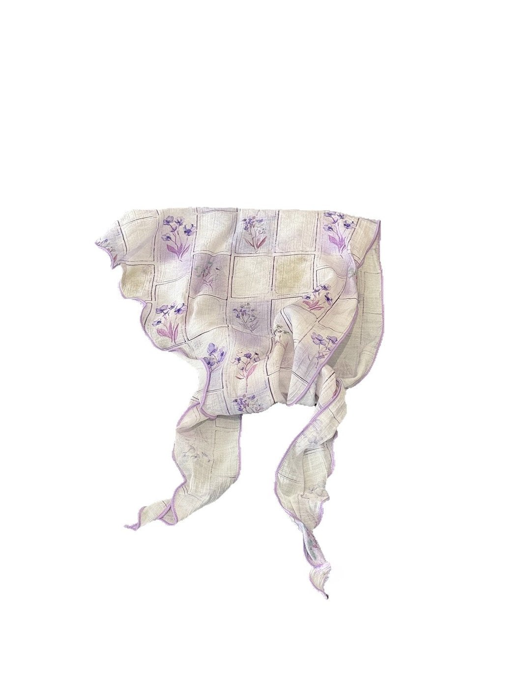 Scarvii - Blocks and Floral Print Wavy Edge Triangle Scarf