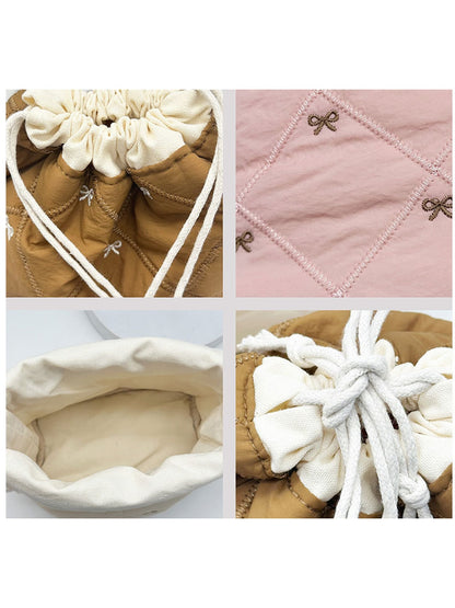 Cosbai - Bow Detail Quilted Drawstring Makeup Bag