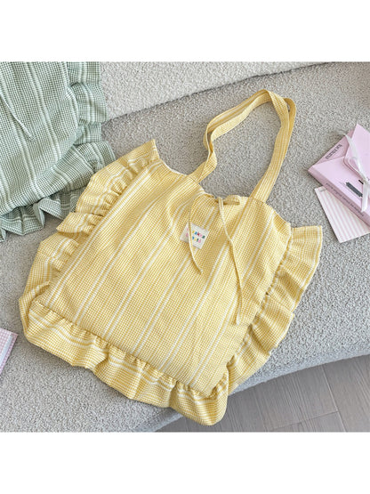 Side view of Cosbai pastel plaid shoulder tote bag showing strap and pattern