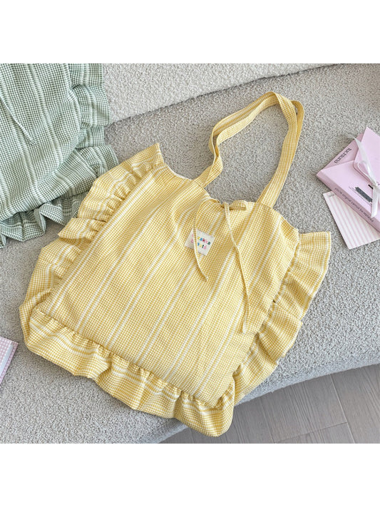 Side view of Cosbai pastel plaid shoulder tote bag showing strap and pattern