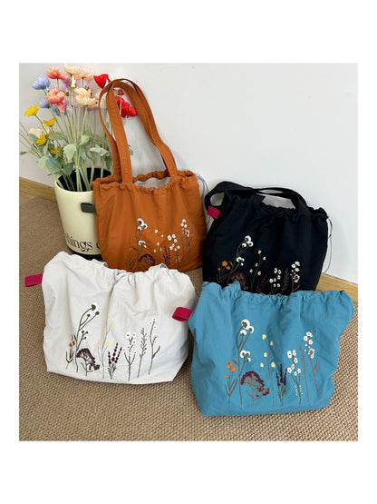 Cosbai - Floral Embroidery Drawstring Tote Bag