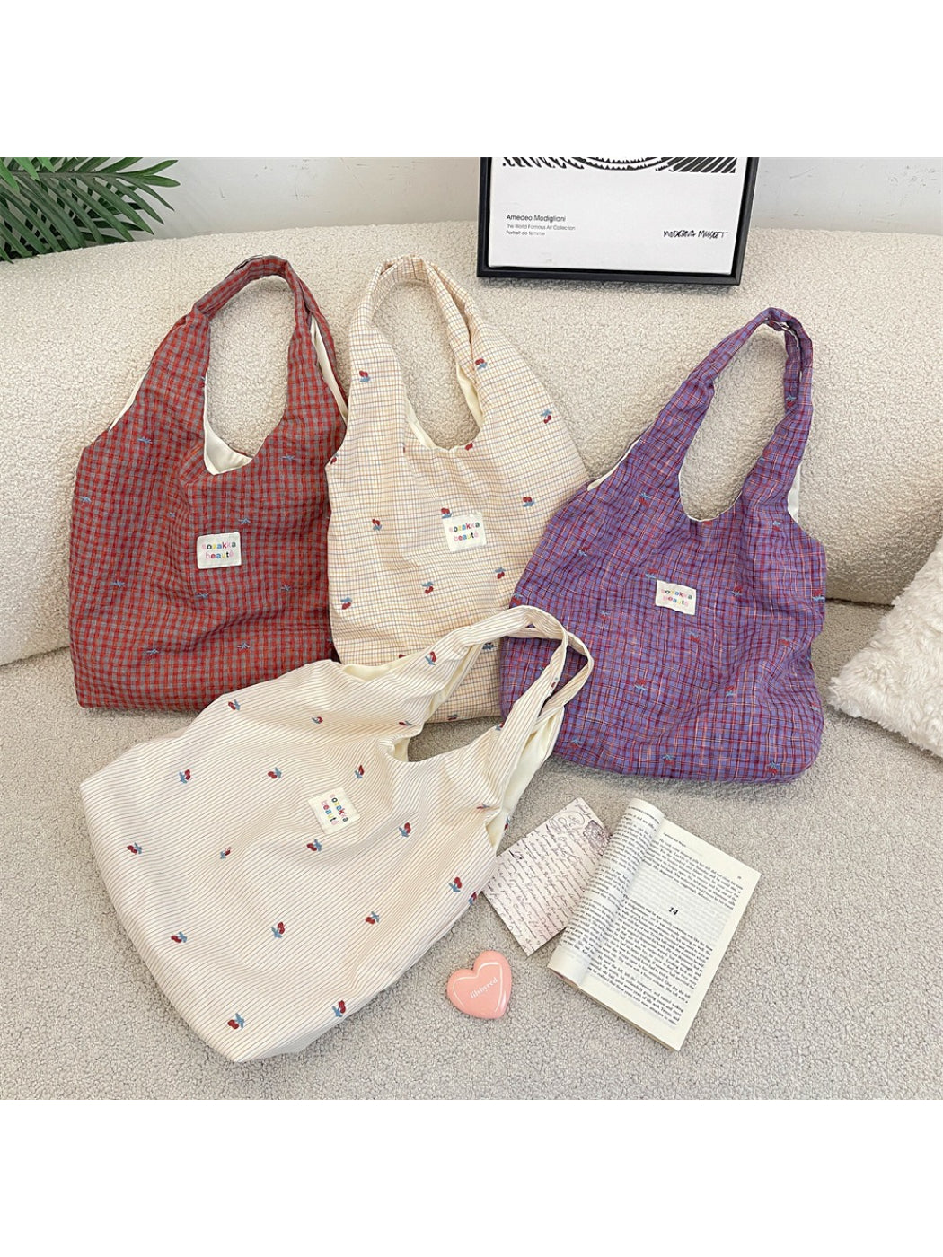 Cosbai Soft Check Everyday Shoulder Tote Bag front view with check pattern
