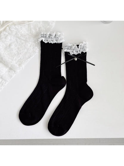 Rufia - Lace Ruffles Trim Bow Detail Crew Socks