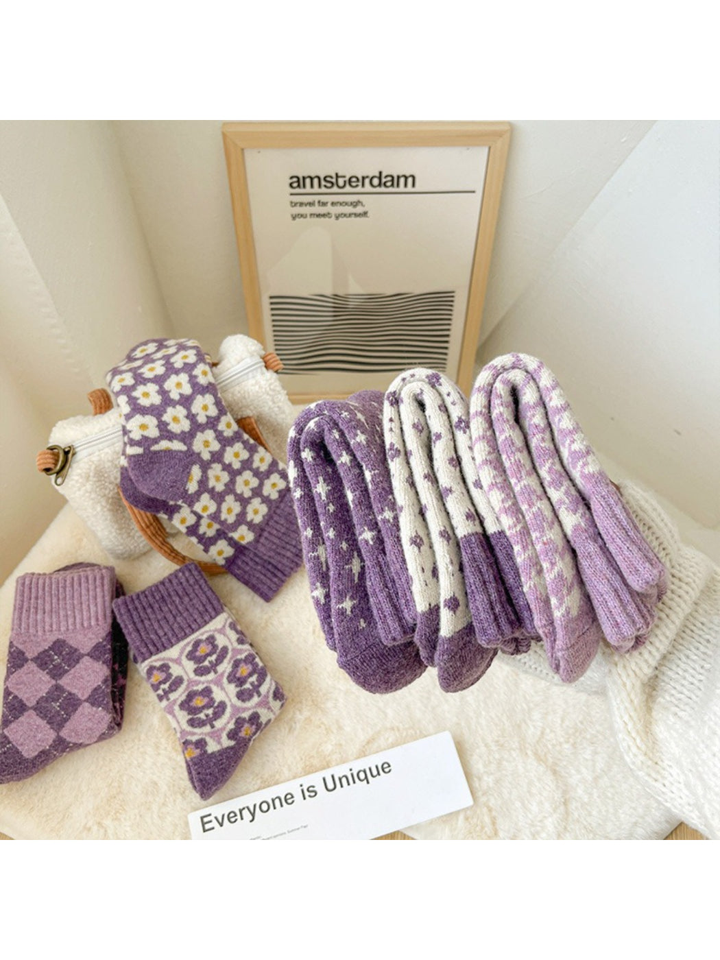 Rufia purple patterned crew socks arranged with card