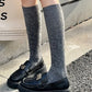 Rufia - Retro Solid Color Knee-High Socks with Embossed Print