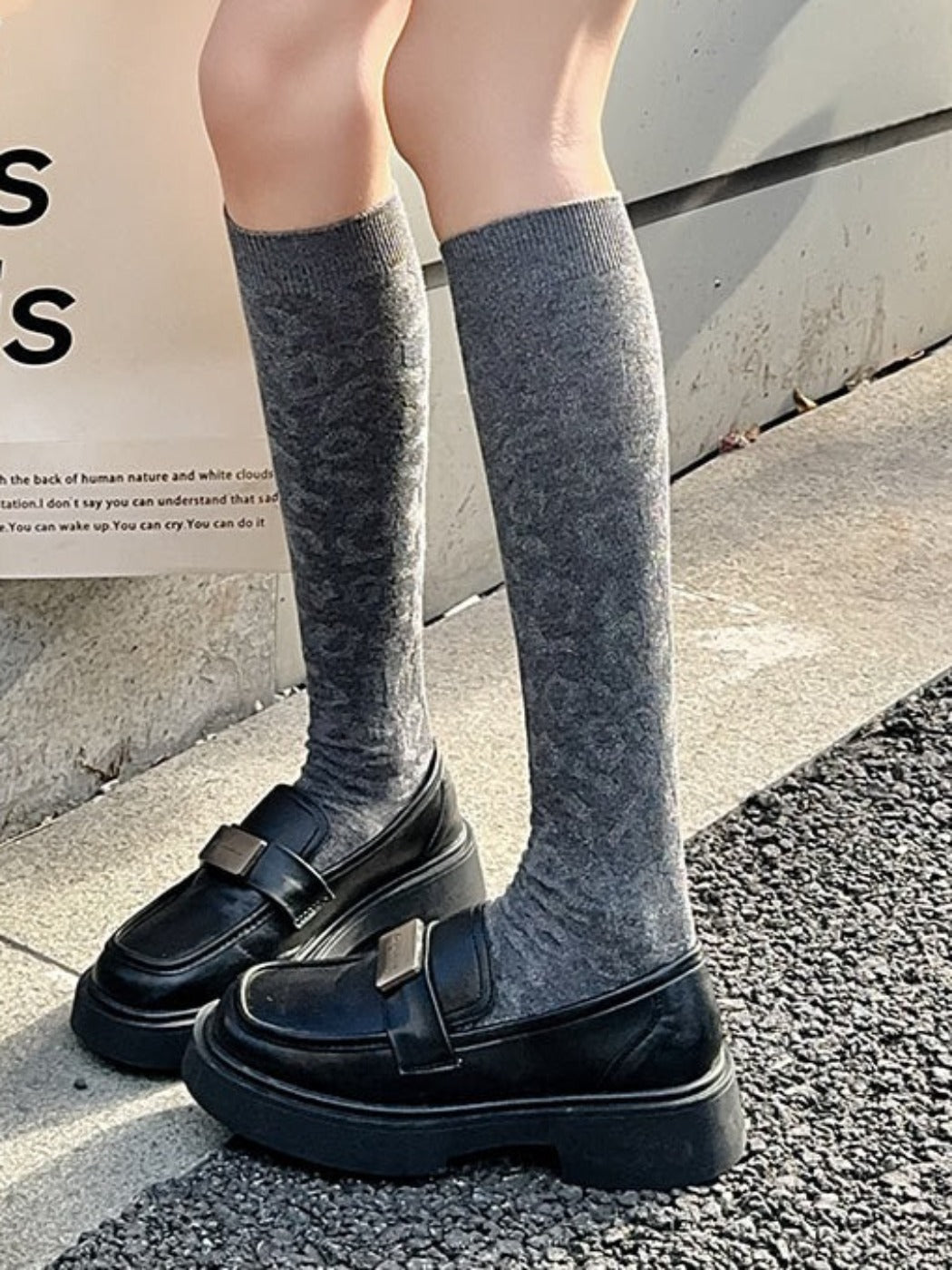 Rufia - Retro Solid Color Knee-High Socks with Embossed Print