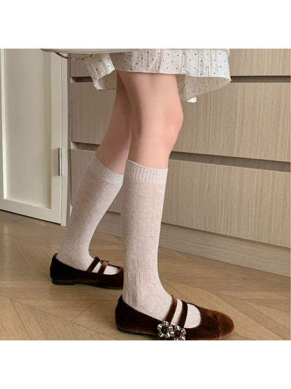 Rufia - Solid Color Knit Casual Knee-high Socks