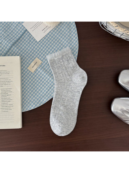 Close-up of Rufia sheer socks fabric texture and ruffle hem edge