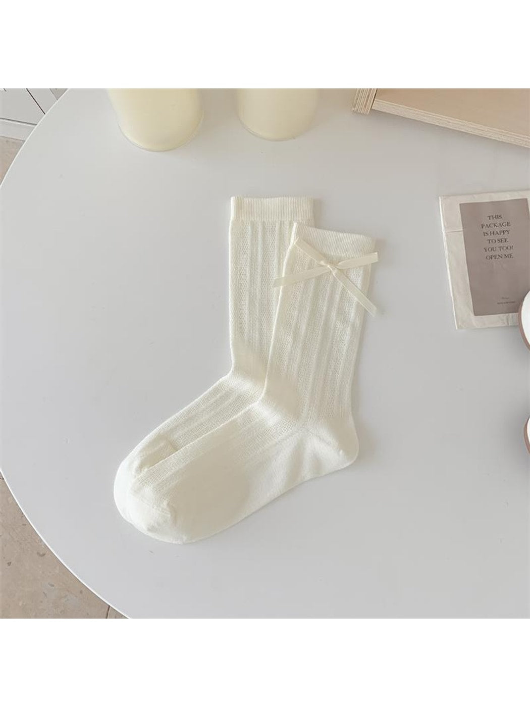Rufia - White Bow Accent Openwork Crew Socks