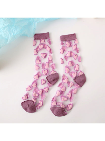 Rufia Candy Heart sheer crew socks styled with casual outfit on model